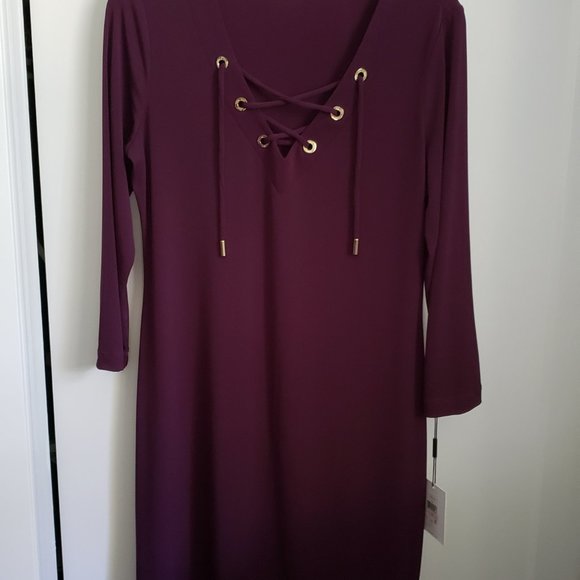 Calvin Klein Plum Lace Up Neckline Shift Jersey Dress NWT - Picture 3 of 7